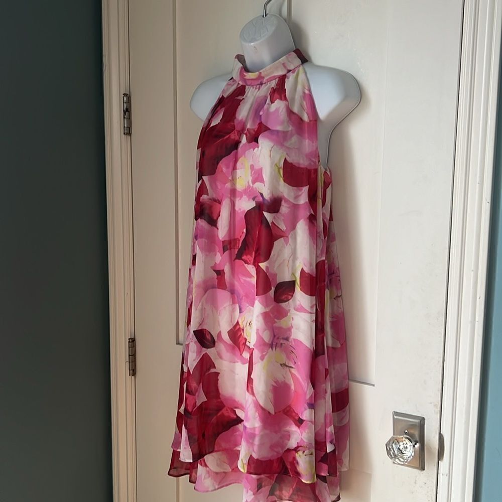 Eliza J Women's Chiffon Pink & Cream Floral Print Halter Neck Dress sz 8 - Picture 3 of 11